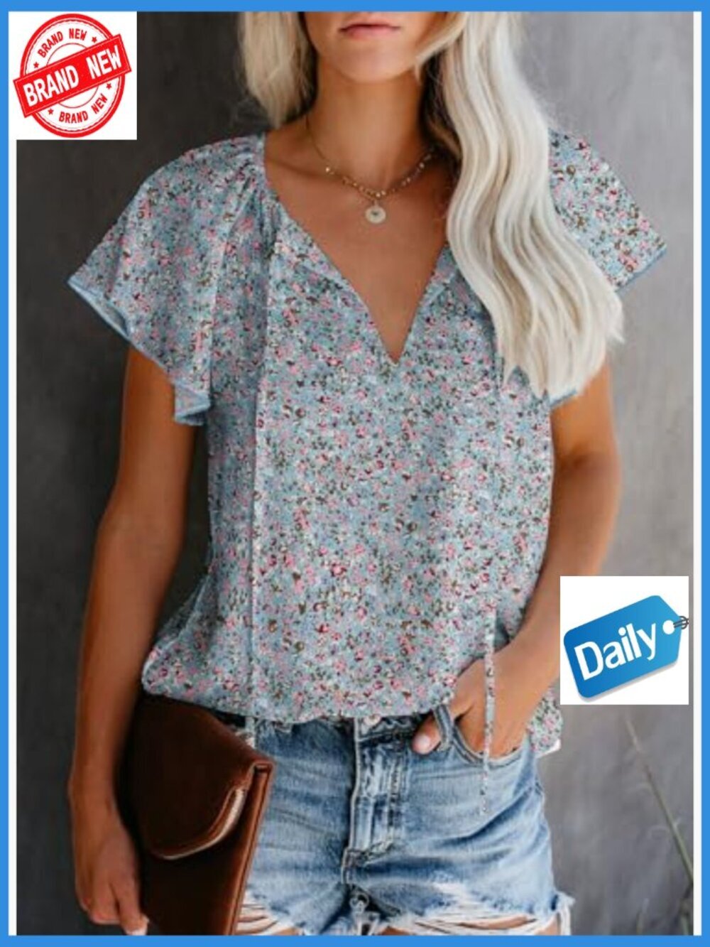 Boho Floral V-Neck Short Sleeve Blouse, Loose Fit, 100% Polyester Chiffon - Picture 3 of 7
